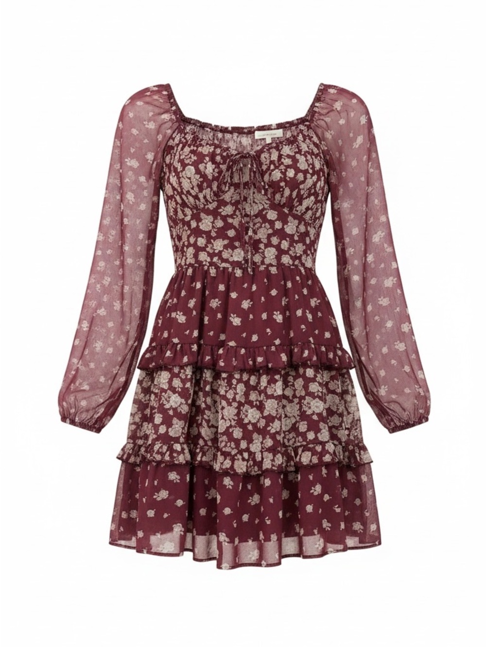 Altar'd State Burgundy Floral Tiered Mini Dress Long Sleeve Cottagecore Sz XS
